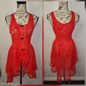 Vtg Stroke of Midnight Red Chemise L Sheer Lace Lingerie Coquette Babydoll USA